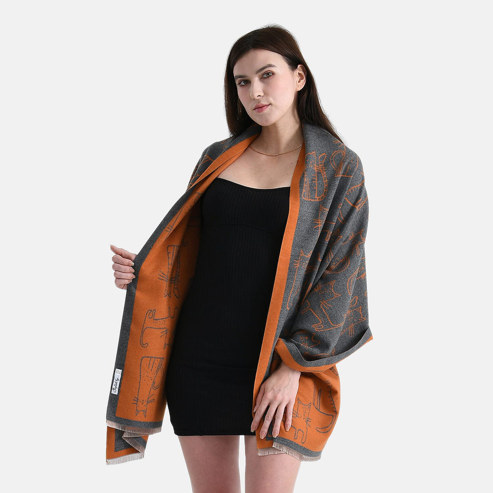 Styled By Cat Print Scarf (64x180cm) - Grey - Orange