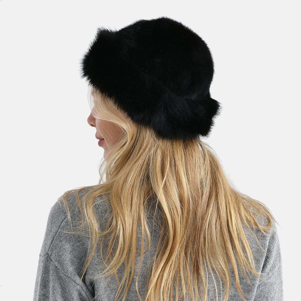 Faux Fur Scarf - Hat Two-Piece Set (One Size) - Black