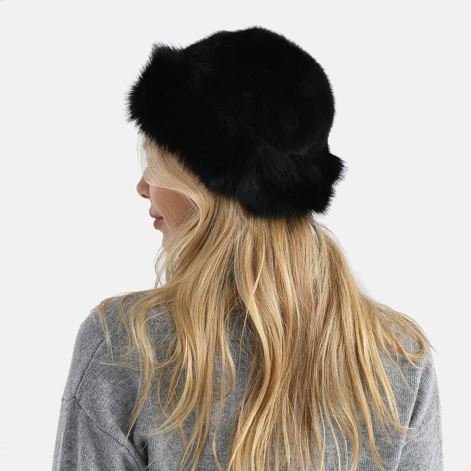 Faux Fur Scarf - Hat Two-Piece Set (One Size) - Black