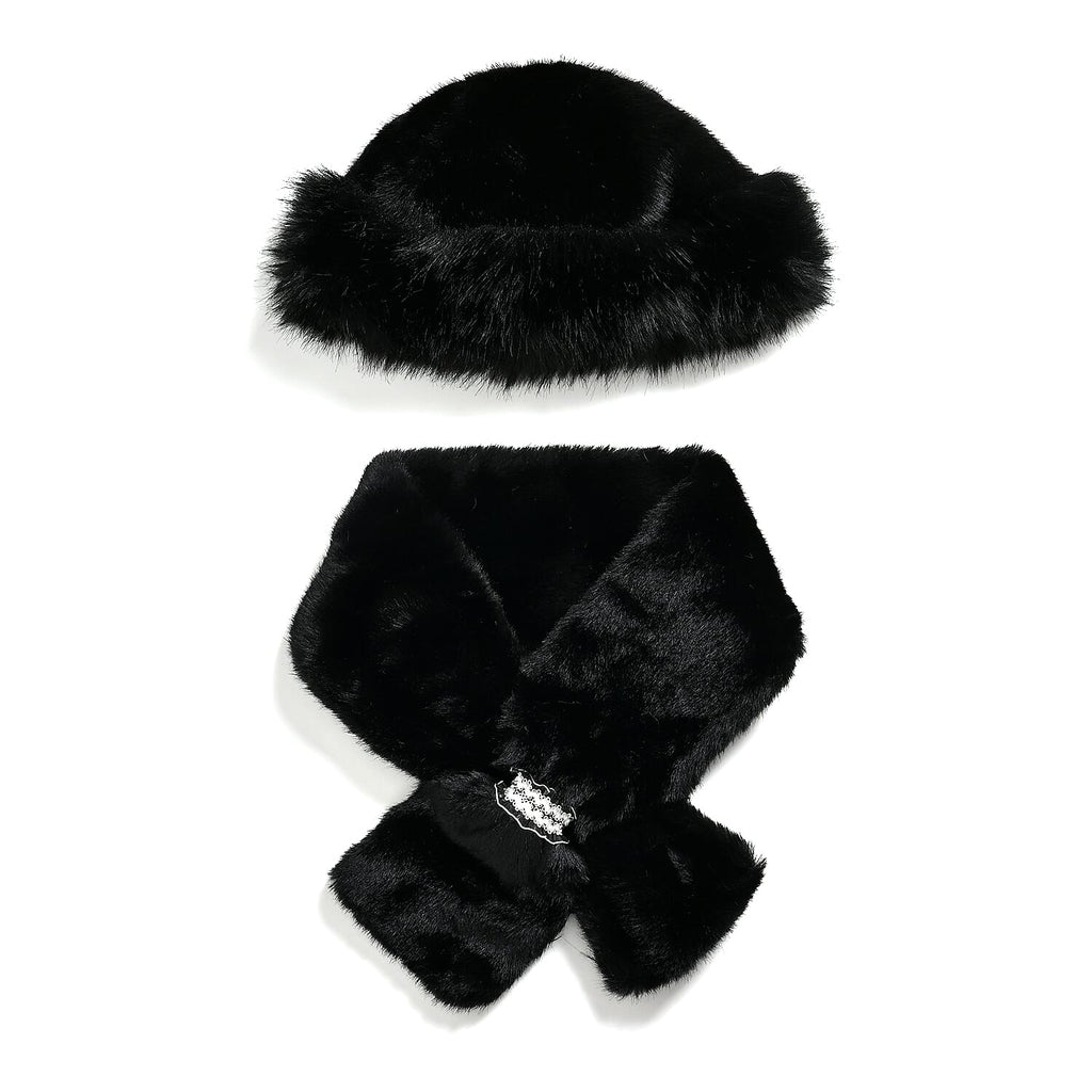 Faux Fur Scarf - Hat Two-Piece Set (One Size) - Black