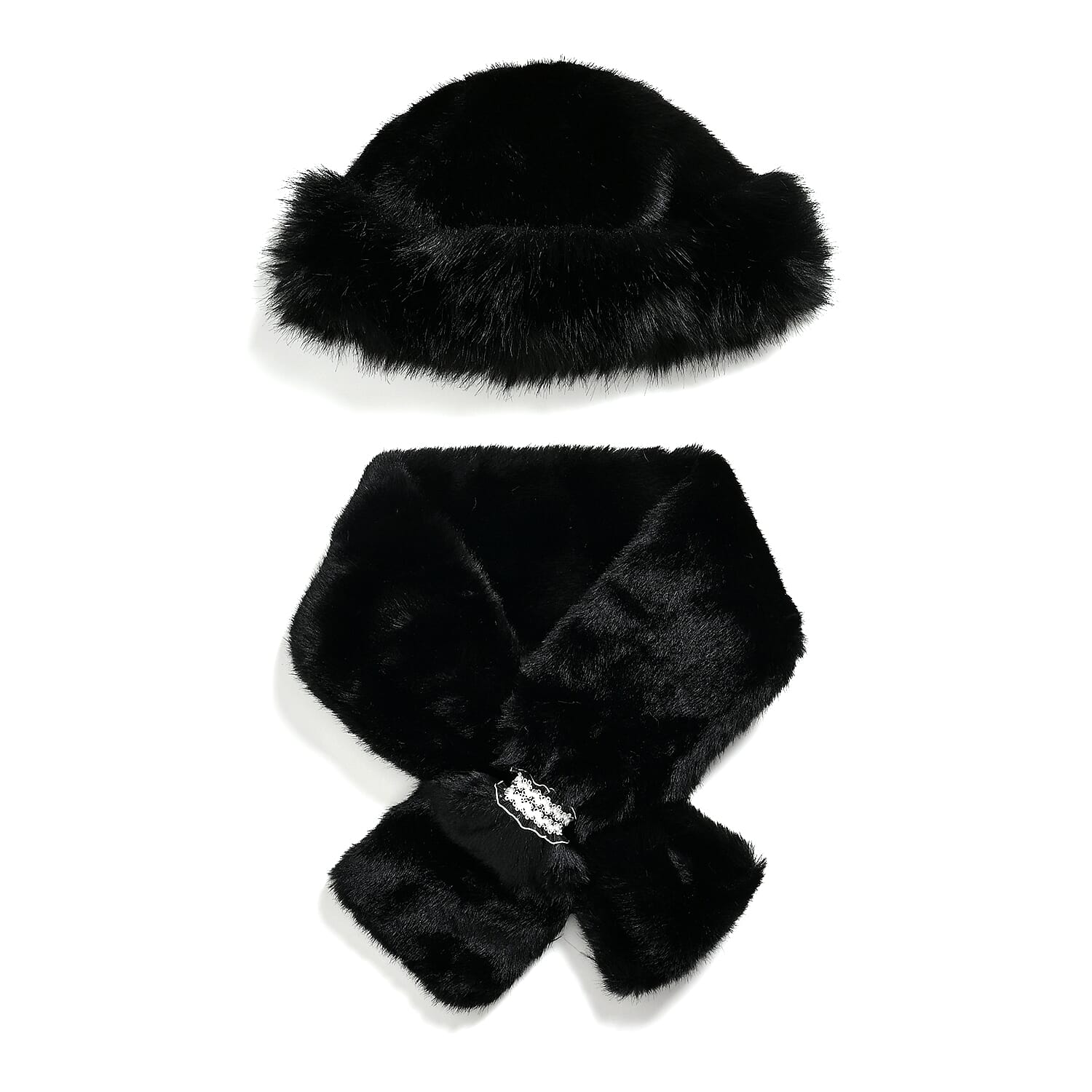 Faux Fur Scarf - Hat Two-Piece Set (One Size) - Black
