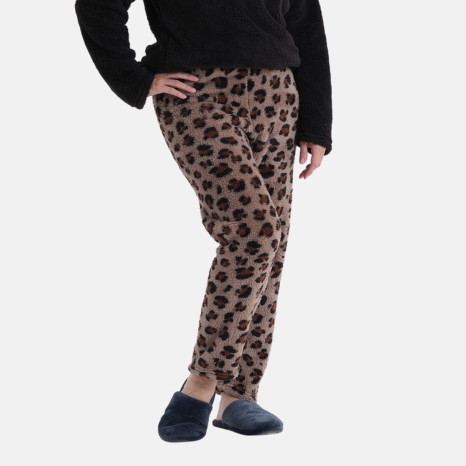 Styled By- Set of 2 - Long Sleeve Top - Leopard Print Pyjama Set (Size - L-XL) - Black - Brown