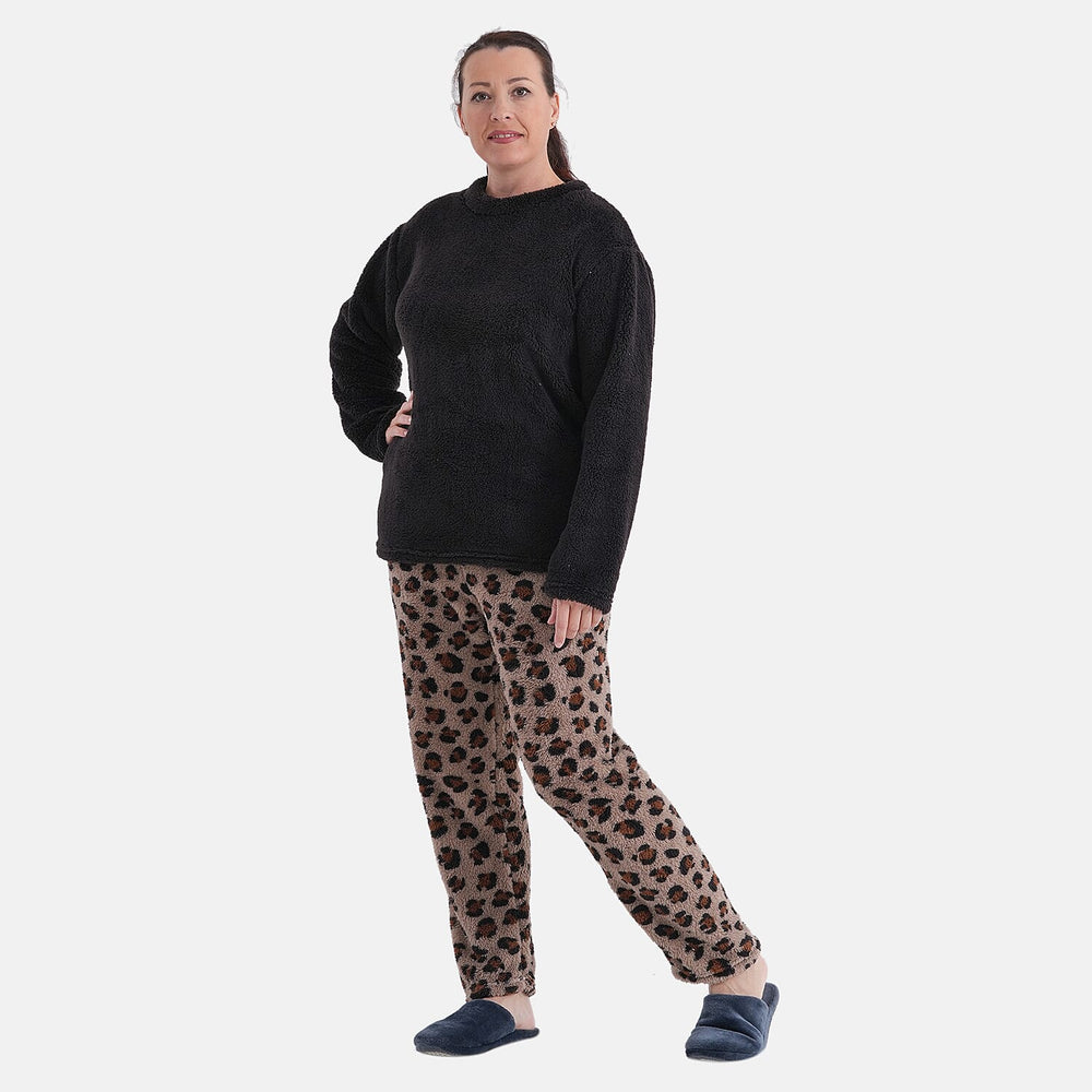 Styled By- Set of 2 - Long Sleeve Top - Leopard Print Pyjama Set (Size - S-M) - Black - Brown