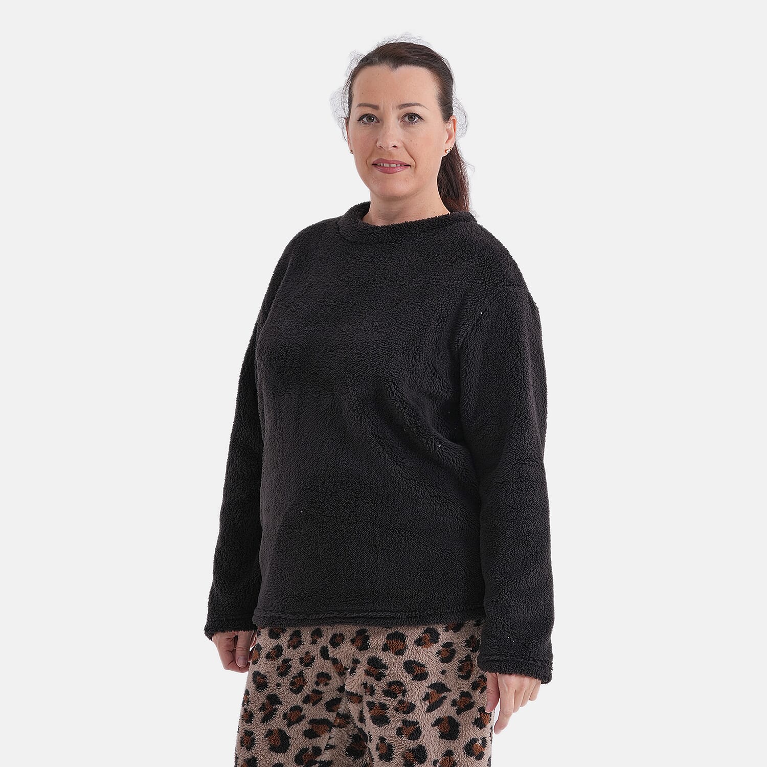 Styled By- Set of 2 - Long Sleeve Top - Leopard Print Pyjama Set (Size - S-M) - Black - Brown
