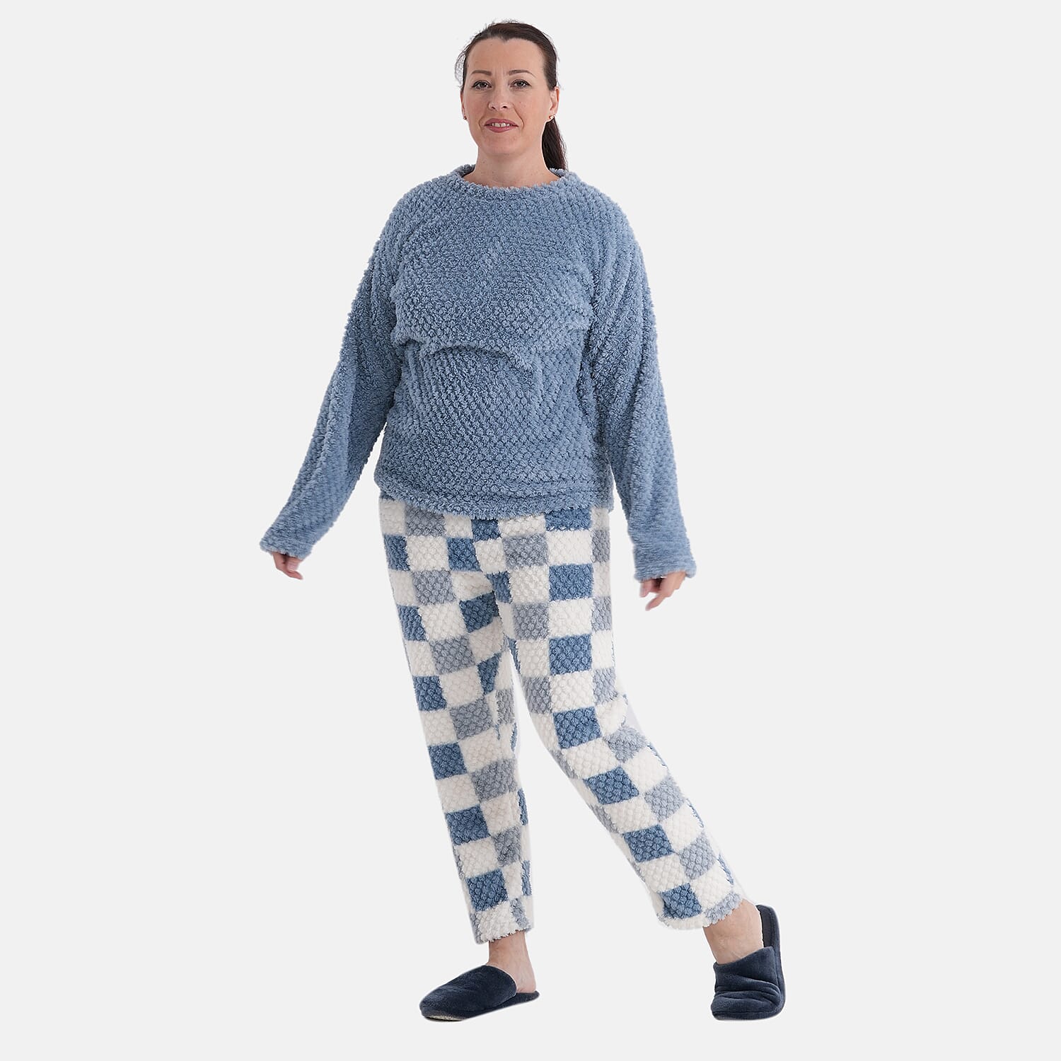 Styled By- Set of 2 - Long Sleeve Top - Checkered Pattern Pyjama Set (Size - S-M) - Blue - White