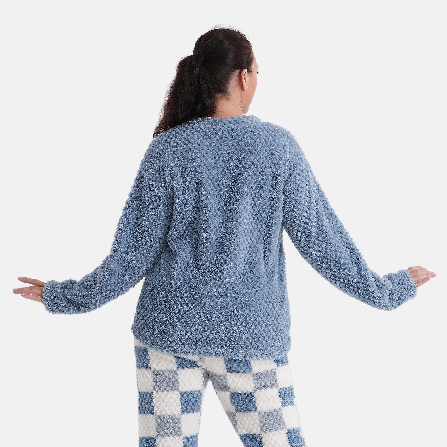 Styled By- Set of 2 - Long Sleeve Top - Checkered Pattern Pyjama Set (Size - S-M) - Blue - White