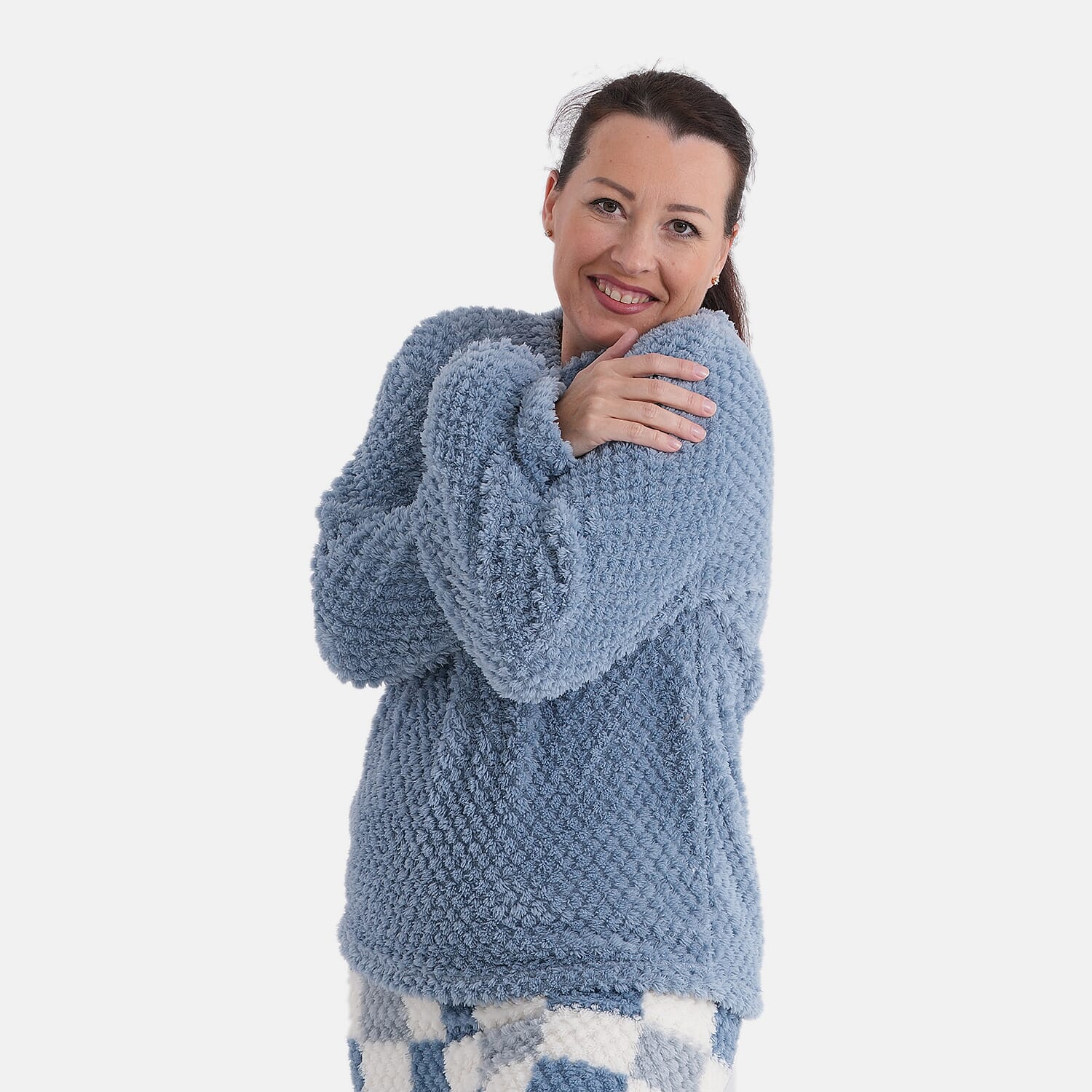Styled By- Set of 2 - Long Sleeve Top - Checkered Pattern Pyjama Set (Size - S-M) - Blue - White