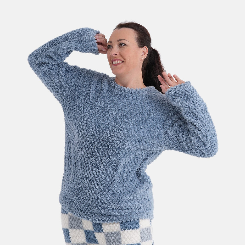 Styled By- Set of 2 - Long Sleeve Top - Checkered Pattern Pyjama Set (Size - S-M) - Blue - White
