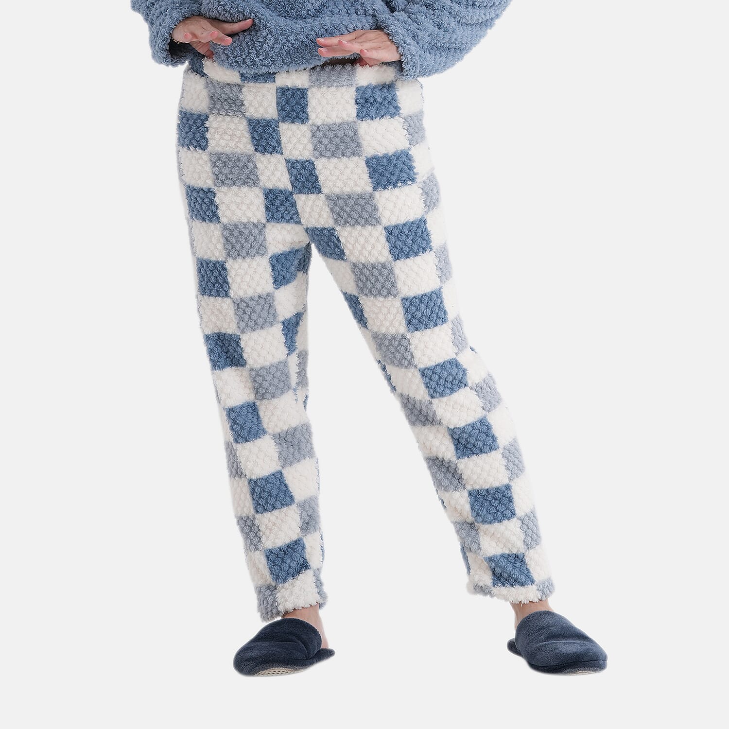 Styled By- Set of 2 - Long Sleeve Top - Checkered Pattern Pyjama Set (Size - S-M) - Blue - White