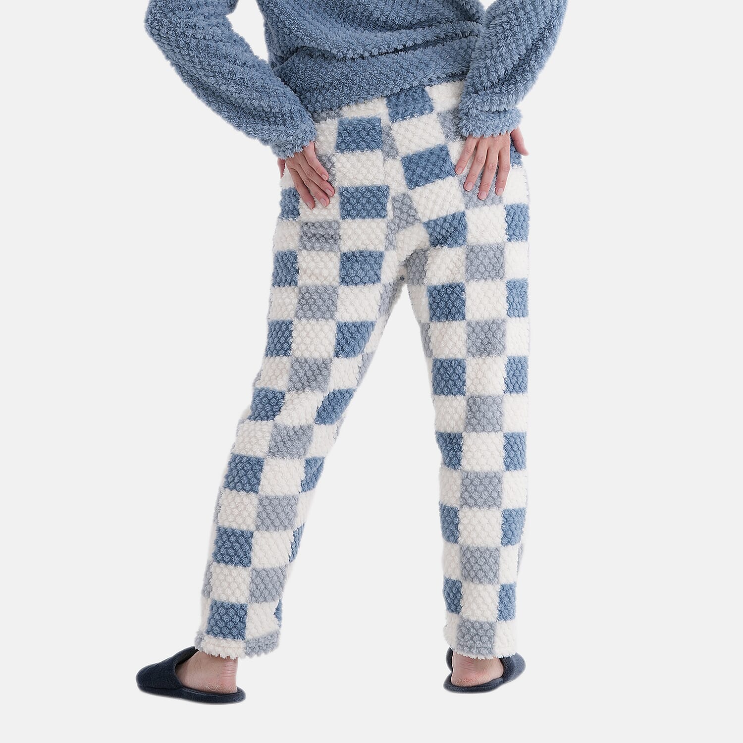 Styled By- Set of 2 - Long Sleeve Top - Checkered Pattern Pyjama Set (Size - S-M) - Blue - White