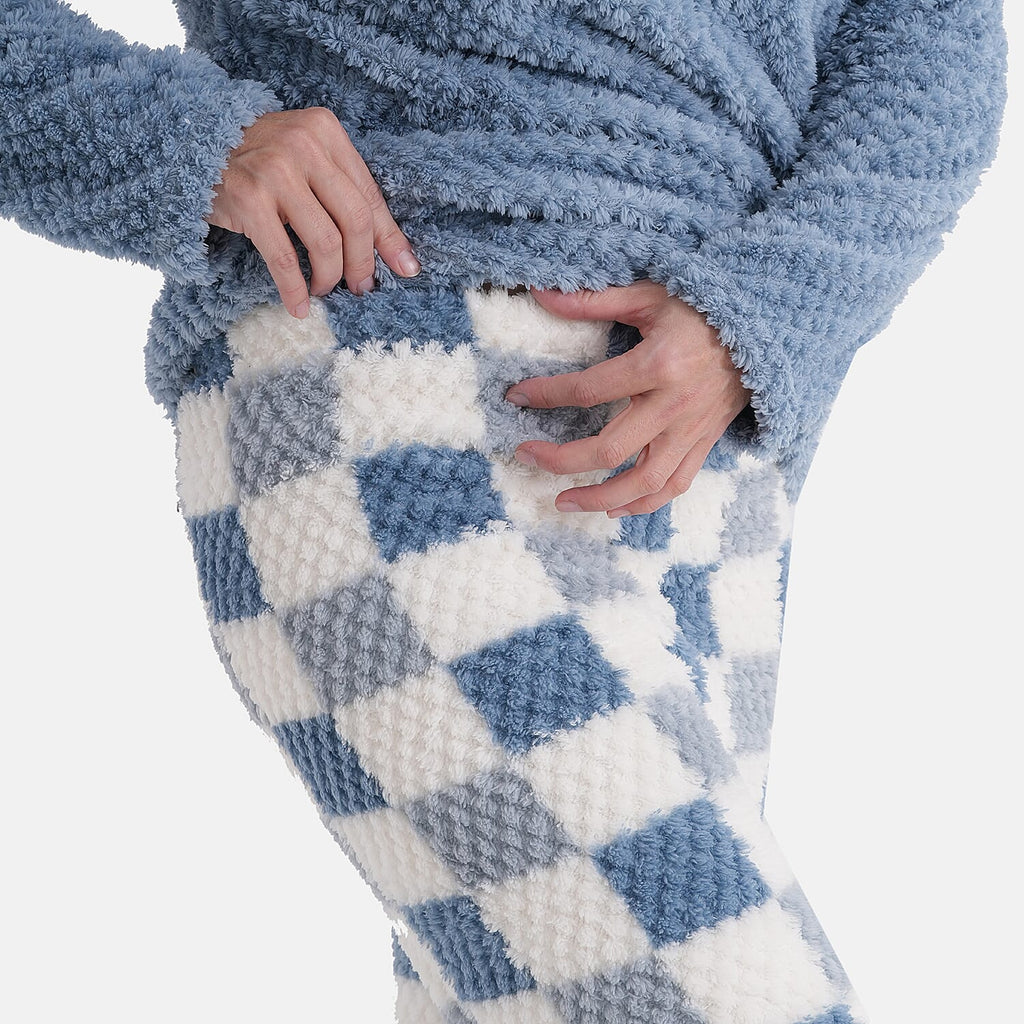 Styled By- Set of 2 - Long Sleeve Top - Checkered Pattern Pyjama Set (Size - S-M) - Blue - White