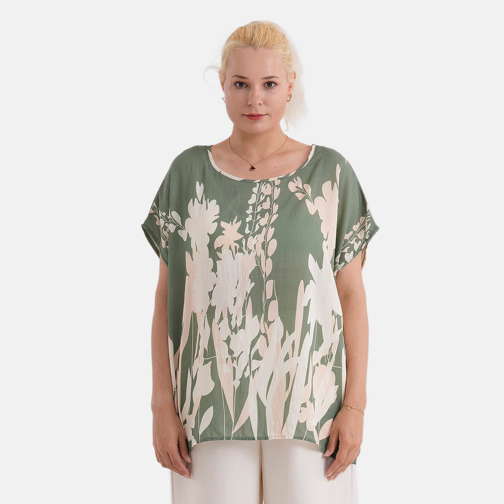 Styled By Abstract Print Round Neck Top (One Size) - Green