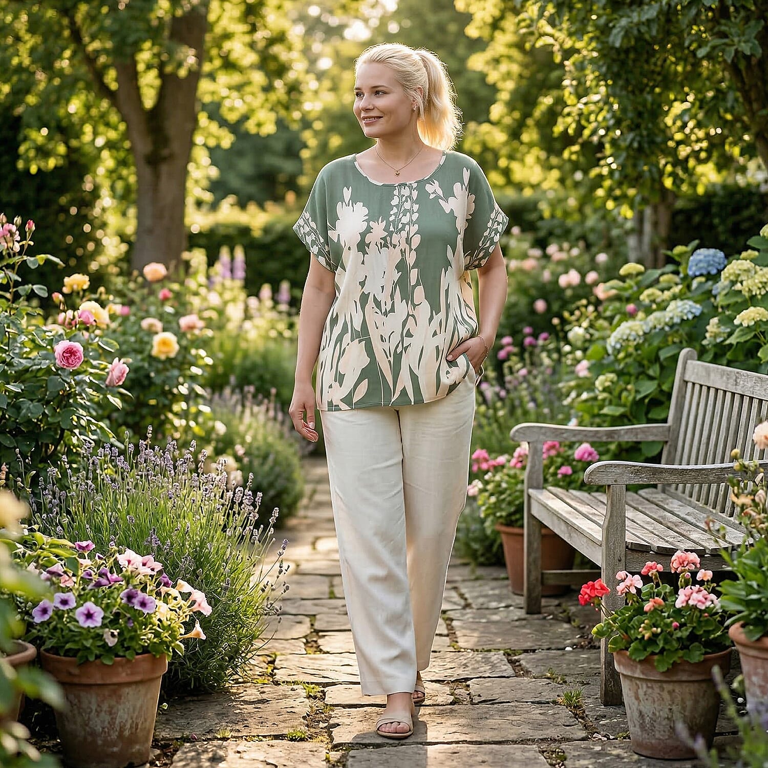 Styled By Abstract Print Round Neck Top (One Size) - Green