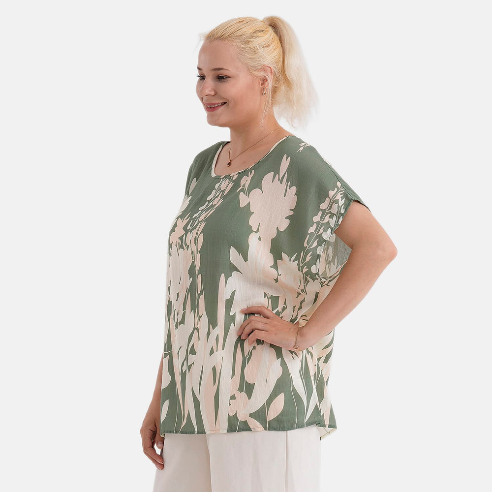 Styled By Abstract Print Round Neck Top (One Size) - Green
