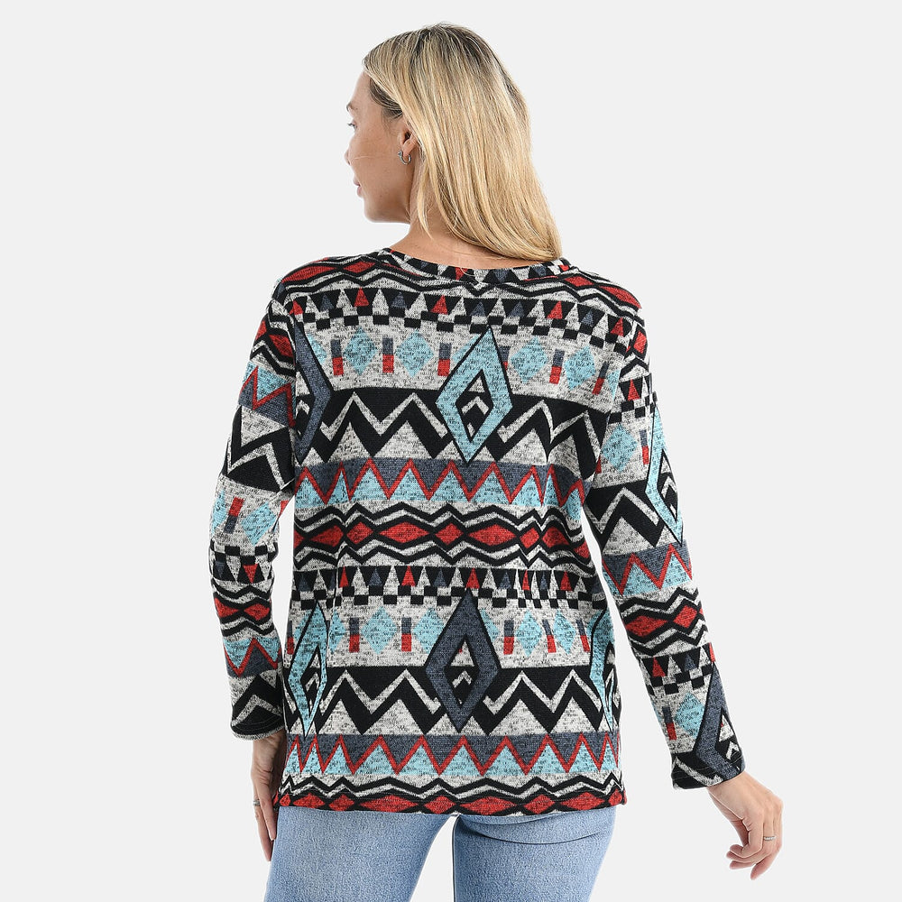 Styled By Women’s Aztec Geometric Round-Neck Knitted Top with Long Sleeves