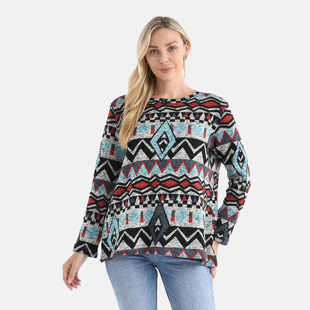 Styled By Women’s Aztec Geometric Round-Neck Knitted Top with Long Sleeves