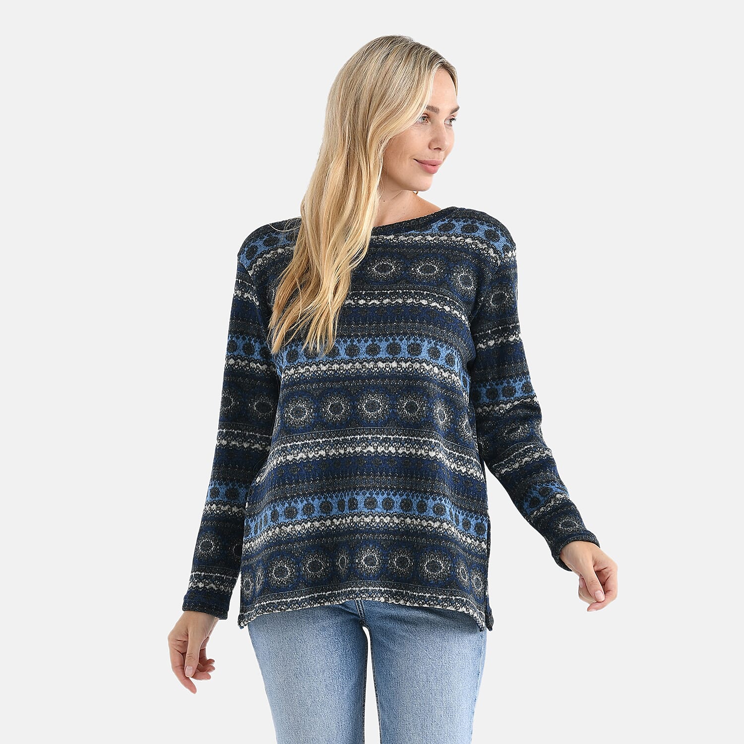 Styled By Round-Neck Aztec Geometric Knitted Top (One Size 8 - 18) - Navy