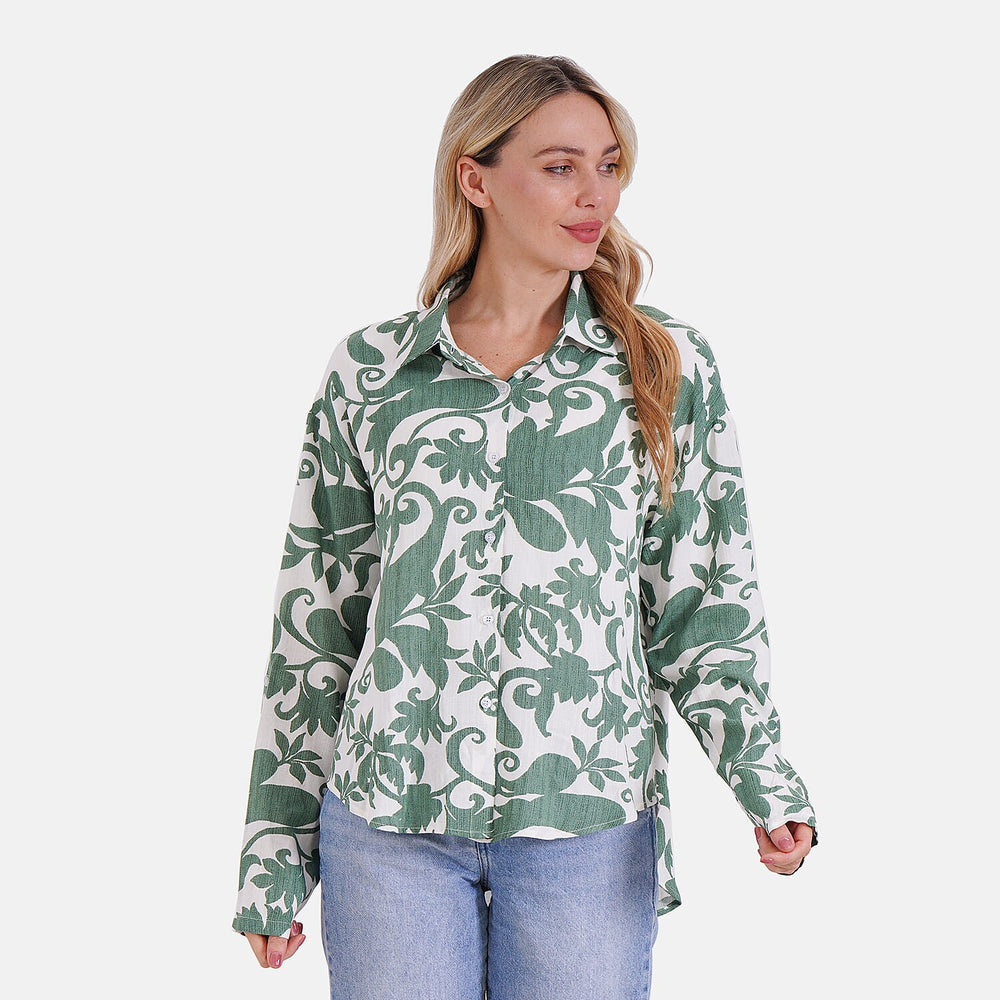 Style By Abstract Floral Print Long Sleeve Shirt (Size - L-XL) - Green - White