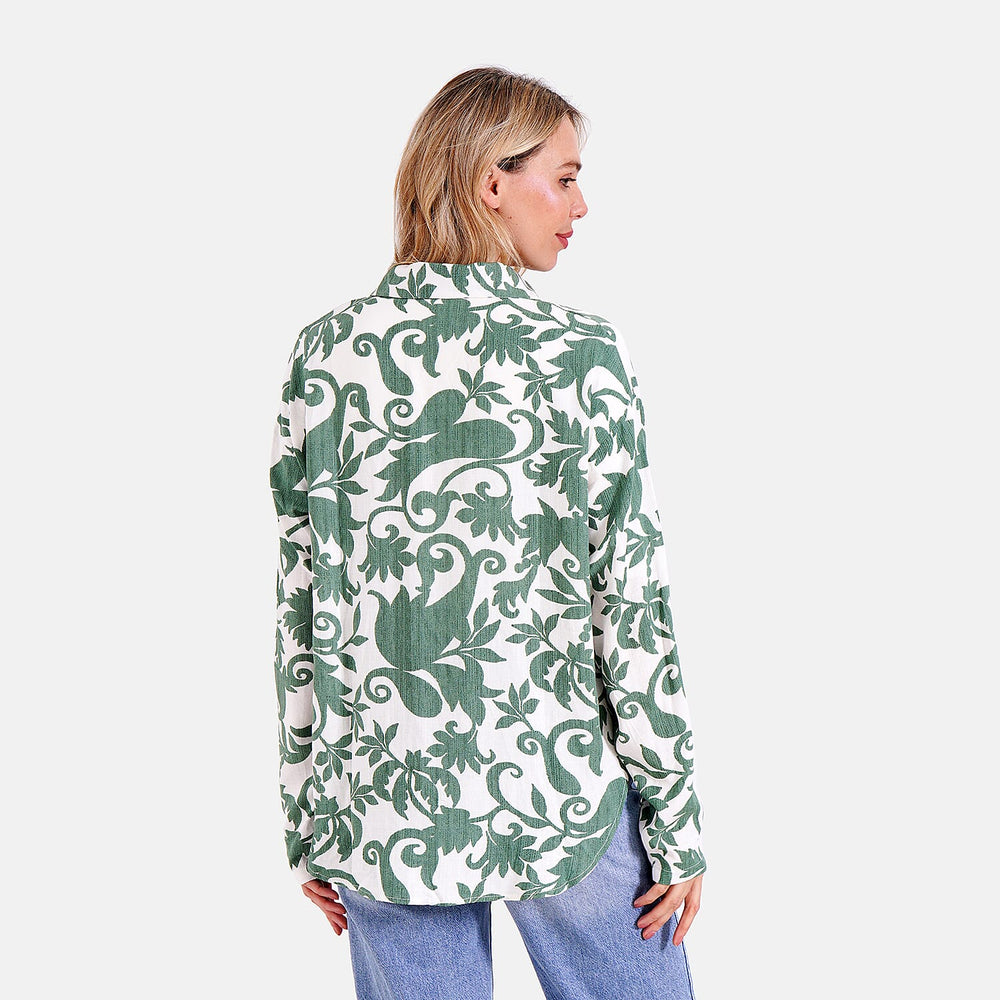 Style By Abstract Floral Print Long Sleeve Shirt (Size - L-XL) - Green - White
