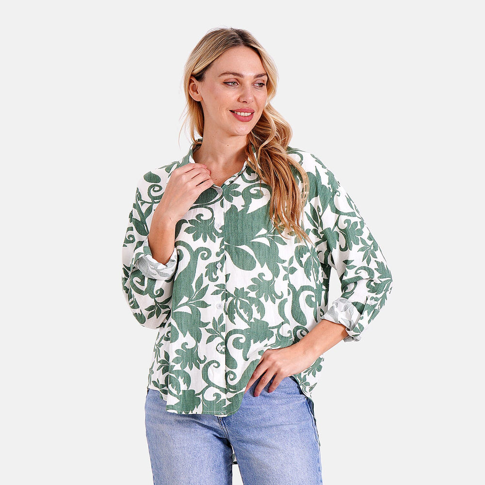 Style By Abstract Floral Print Long Sleeve Shirt (Size - L-XL) - Green - White