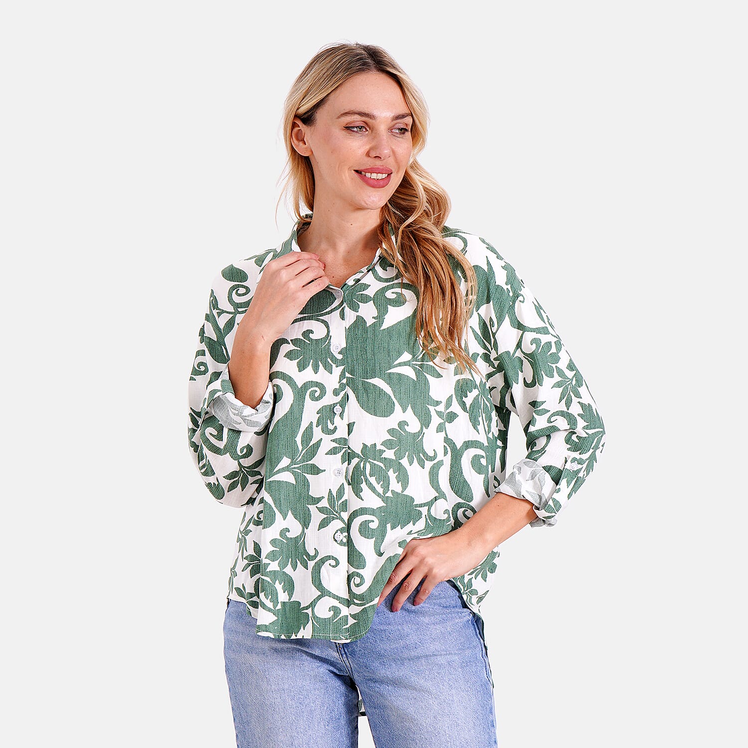 Style By Abstract Floral Print Long Sleeve Shirt (Size - L-XL) - Green - White