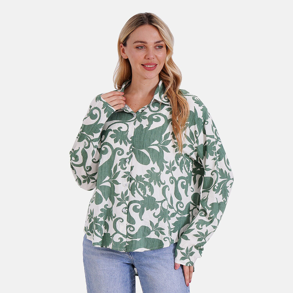 Style By Abstract Floral Print Long Sleeve Shirt (Size - L-XL) - Green - White