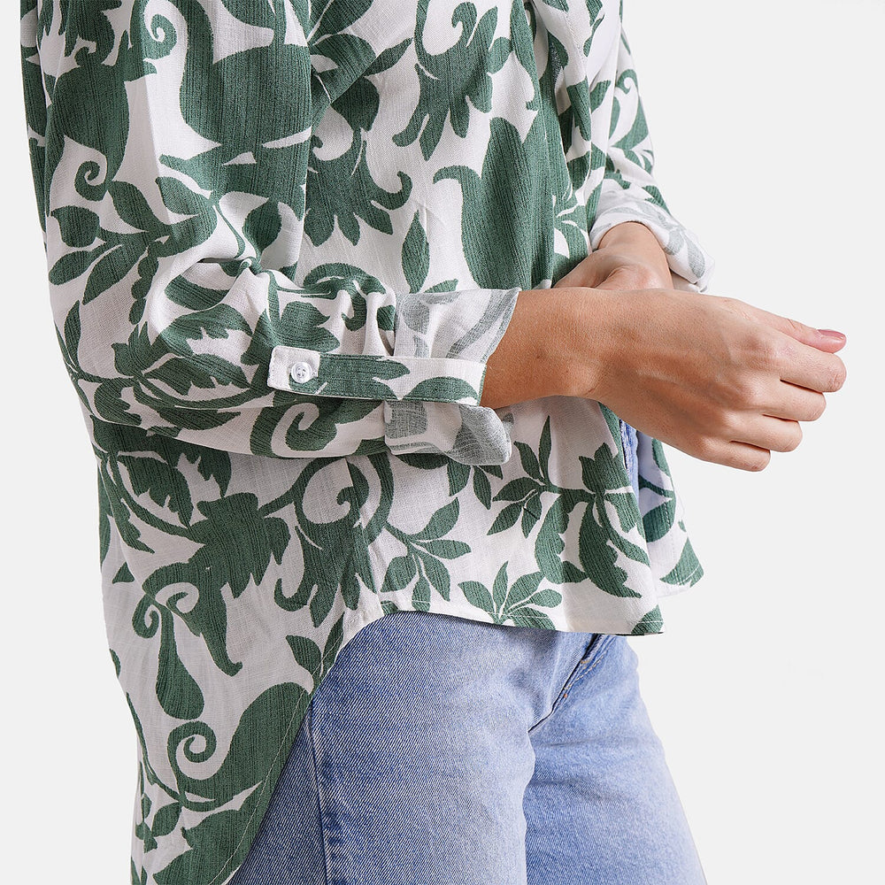 Style By Abstract Floral Print Long Sleeve Shirt (Size - L-XL) - Green - White