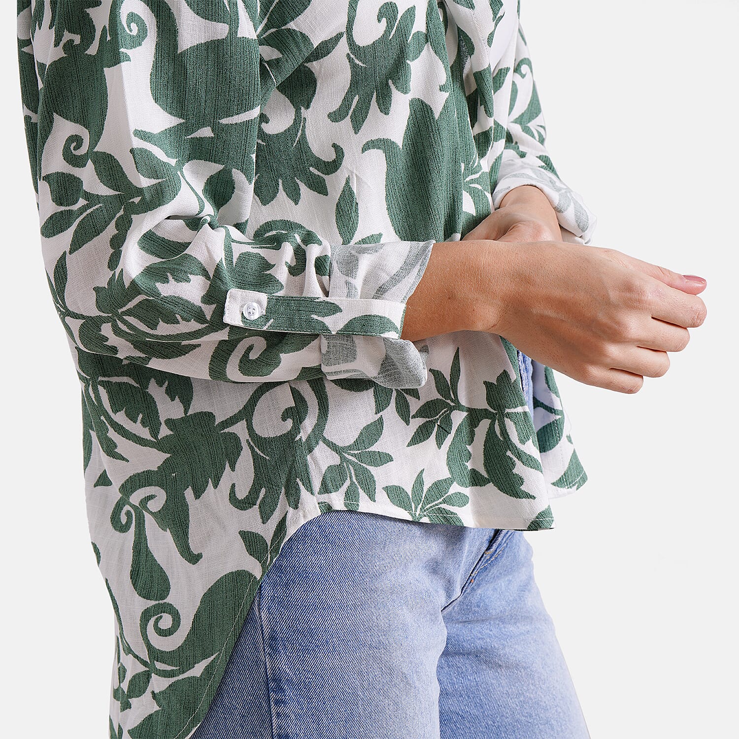 Style By Abstract Floral Print Long Sleeve Shirt (Size - L-XL) - Green - White