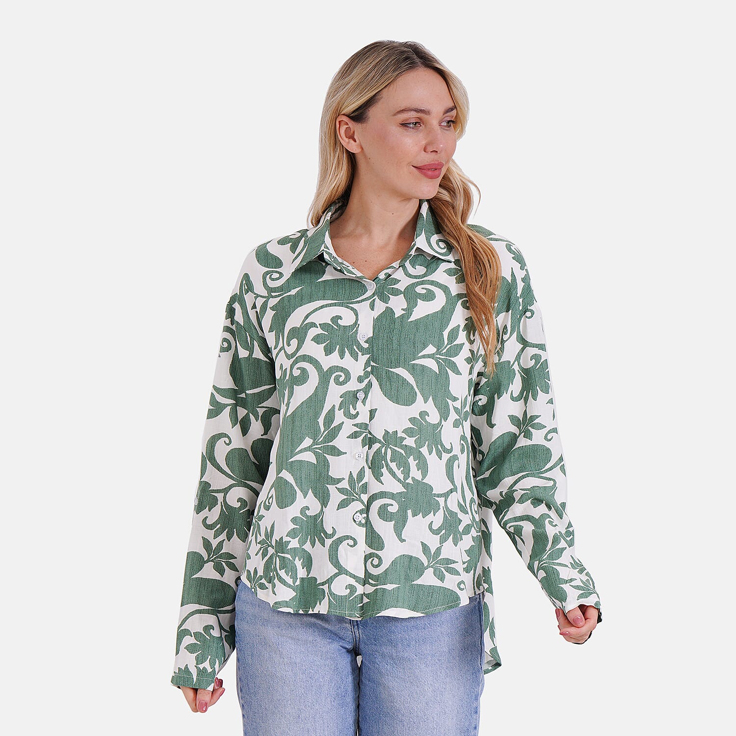 Style By Abstract Floral Print Long Sleeve Shirt (Size - S-M) - Green - White