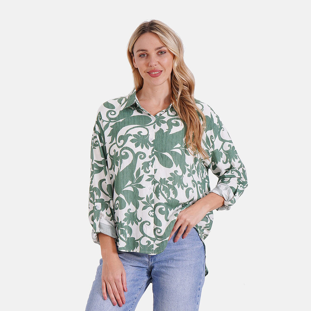 Style By Abstract Floral Print Long Sleeve Shirt (Size - S-M) - Green - White