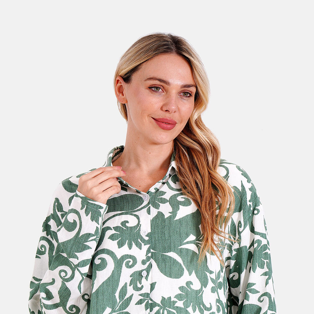 Style By Abstract Floral Print Long Sleeve Shirt (Size - S-M) - Green - White