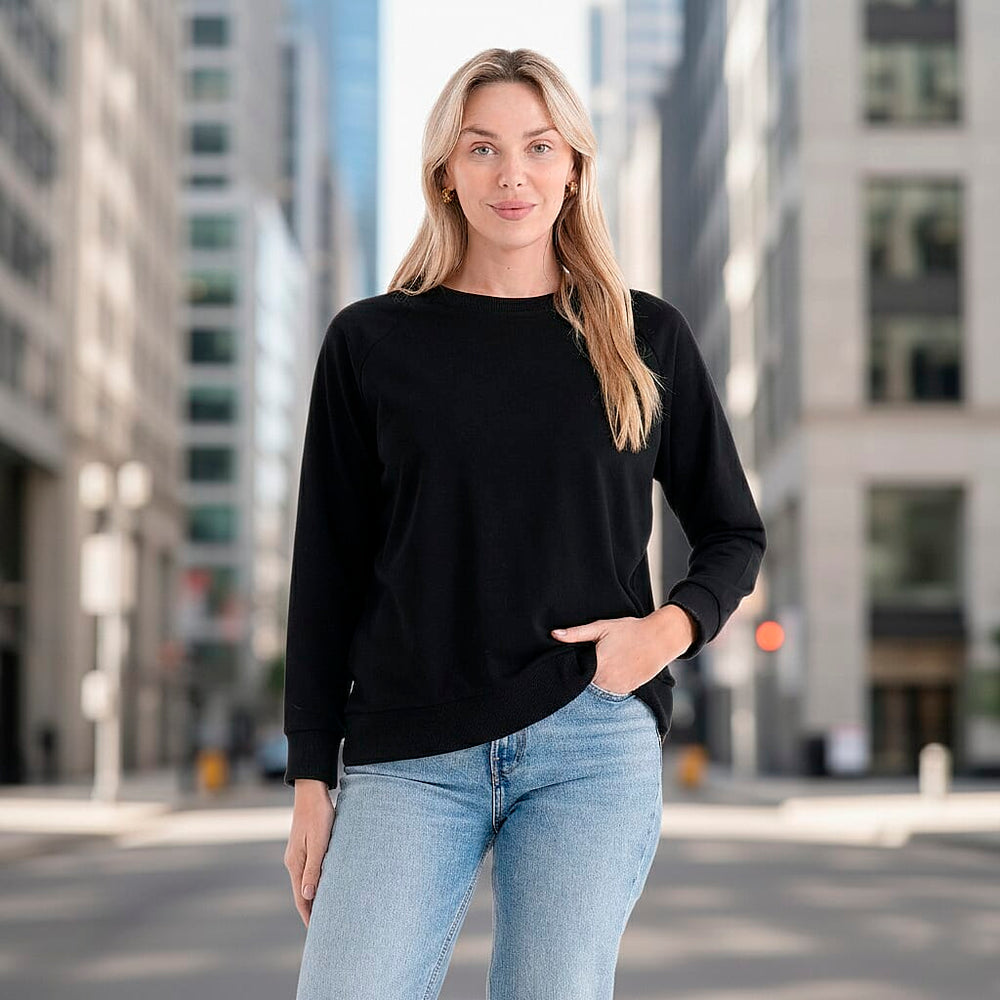 Styled By Casual Round-Neck Solid Color Long-Sleeve Top (Size S) - Black