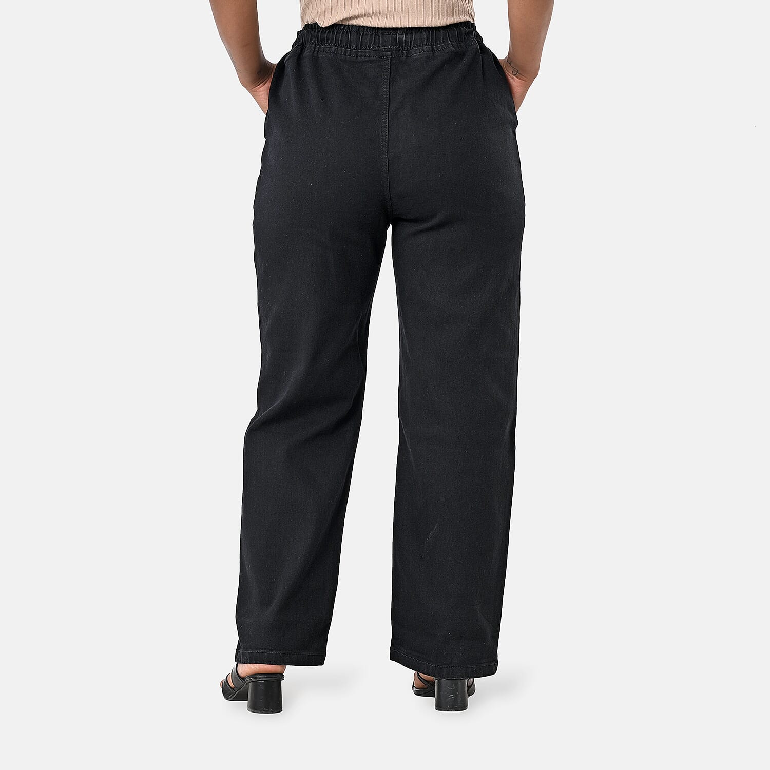 Styledby 100% Cotton Wide-Leg Denim Pants With Drawstring Waist (Size - L) - Black