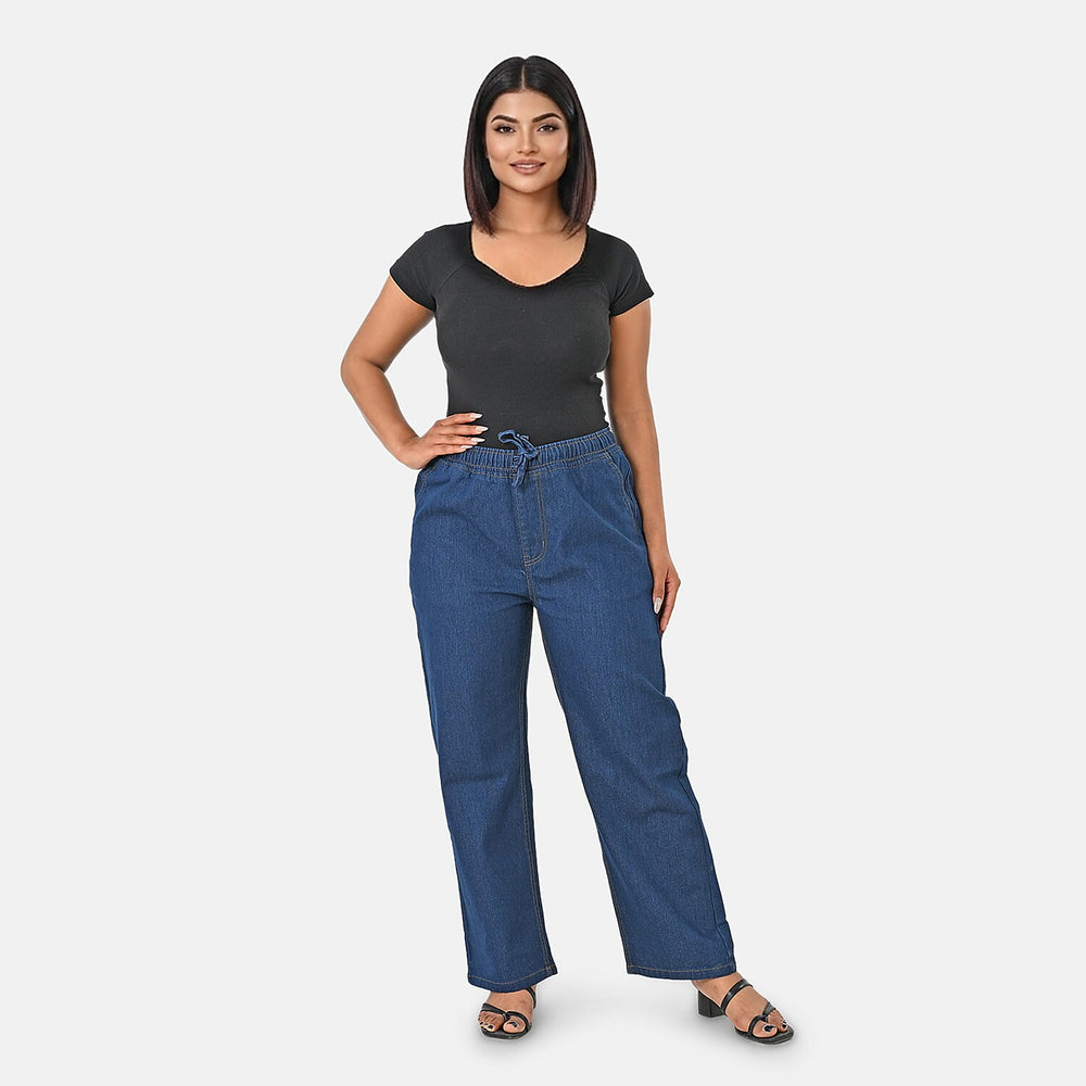 Styledby 100% Cotton Wide-Leg Denim Pants With Drawstring Waist (Size - L) - Dark Blue