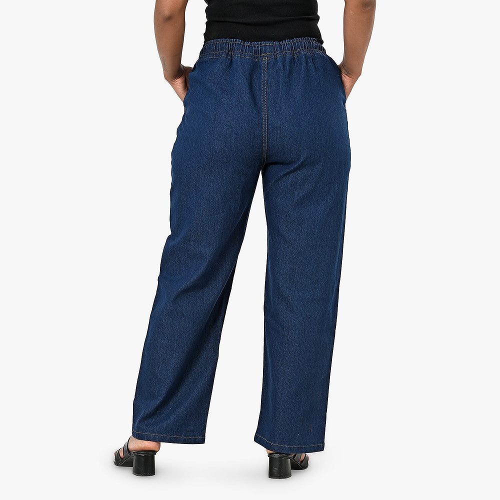 Styledby 100% Cotton Wide-Leg Denim Pants With Drawstring Waist (Size - L) - Dark Blue