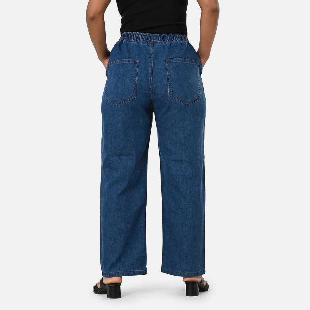 Styledby 100% Cotton Wide-Leg Denim Pants With Drawstring Waist  (Size L) - Denim Blue