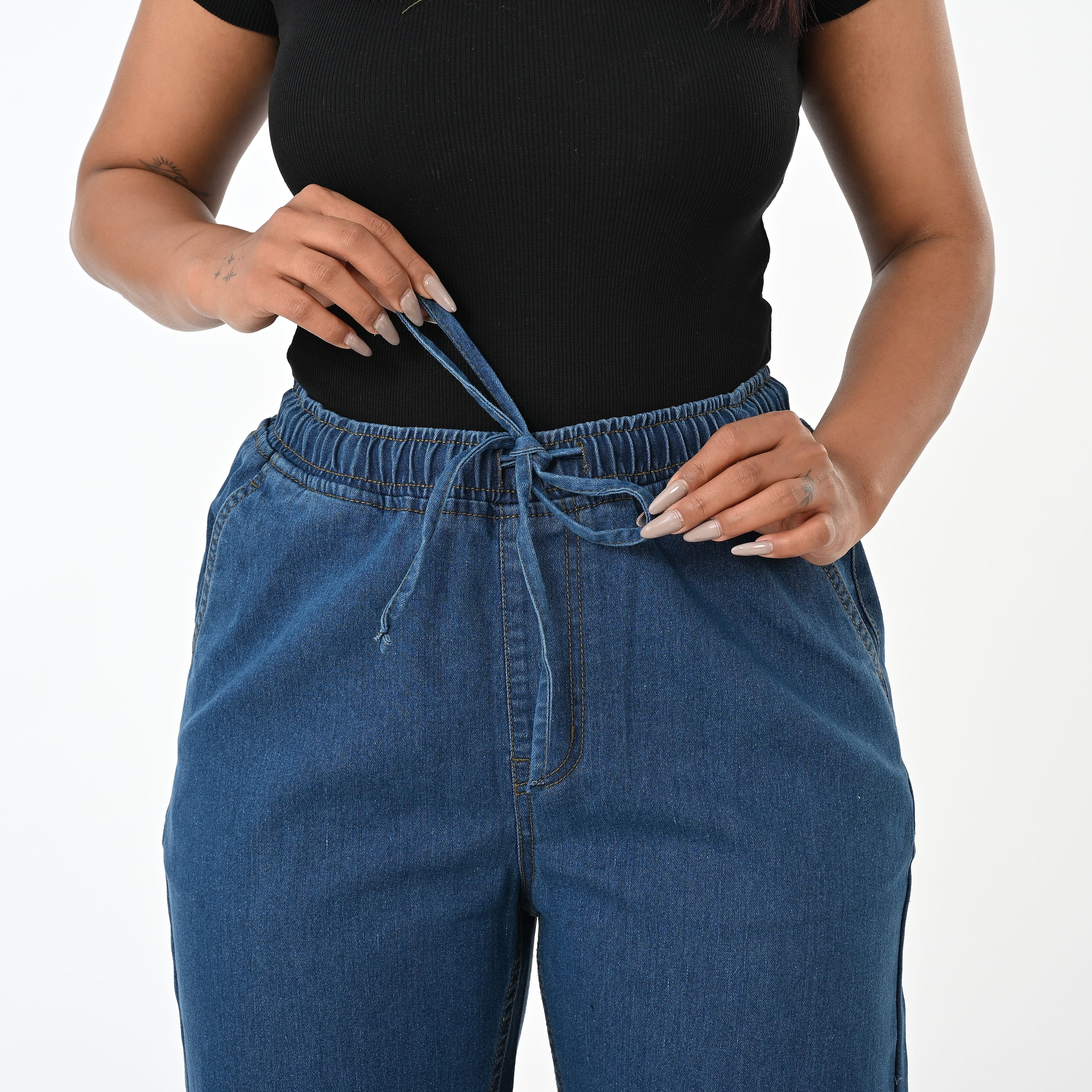 Styledby 100% Cotton Wide-Leg Denim Pants With Drawstring Waist  (Size L) - Denim Blue