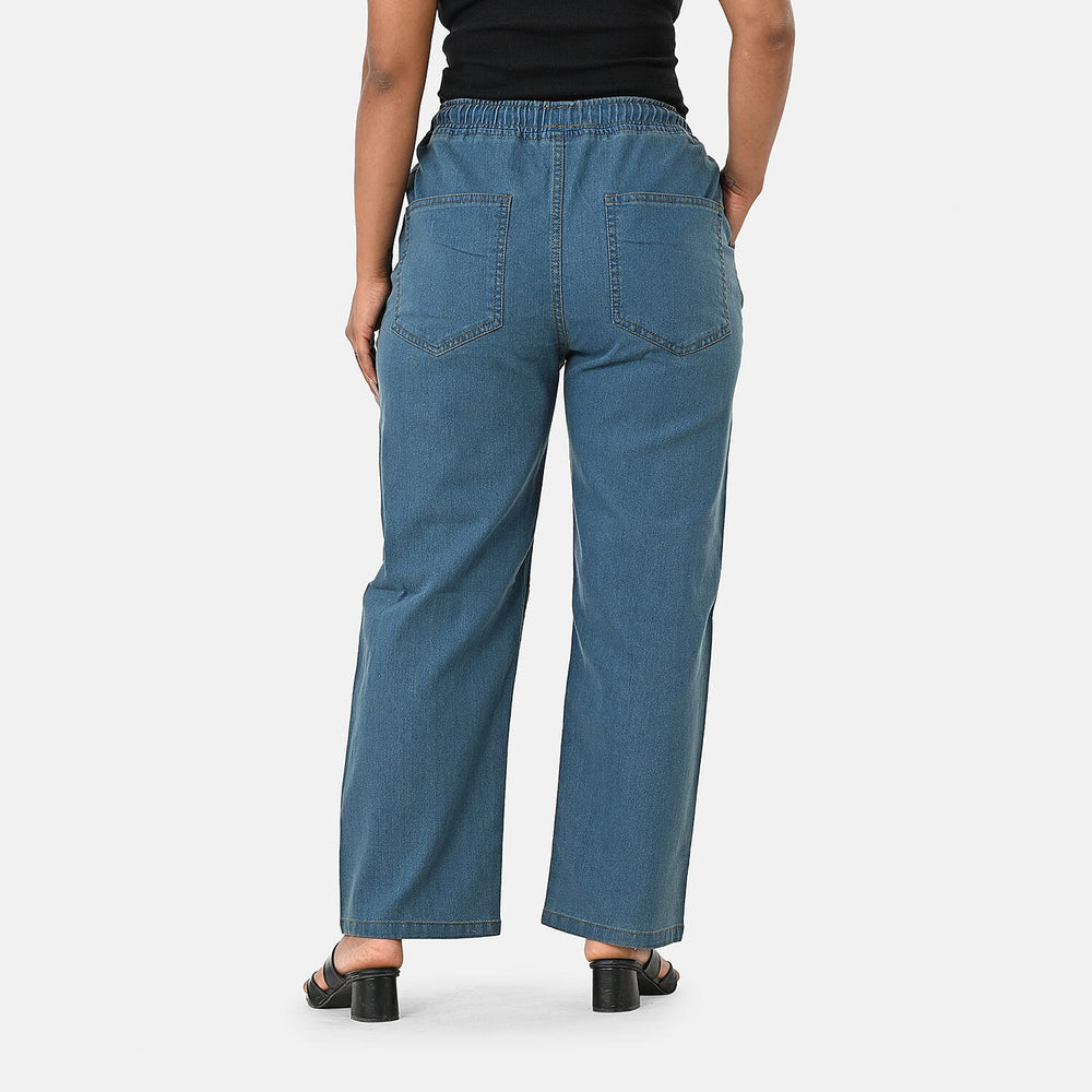Styledby 100% Cotton Wide-Leg Denim Pants With Drawstring Waist  (Size L) - Teal Grey