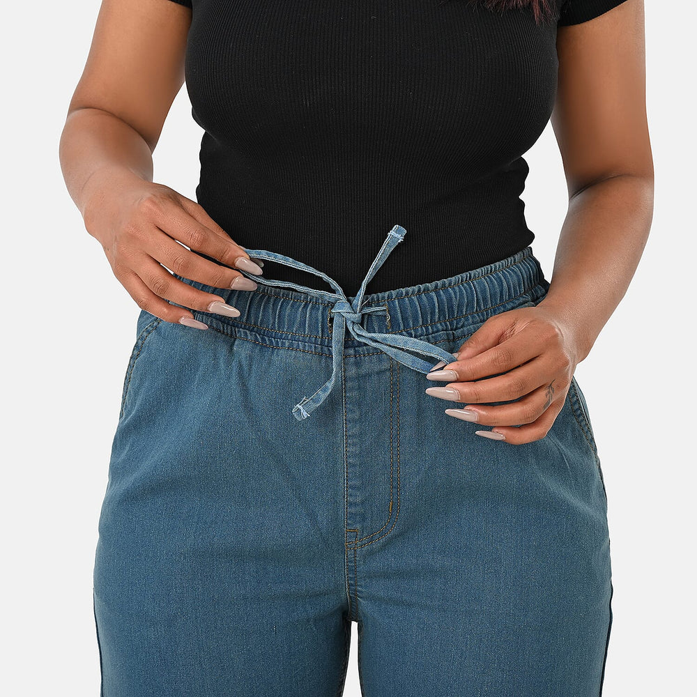 Styledby 100% Cotton Wide-Leg Denim Pants With Drawstring Waist  (Size L) - Teal Grey