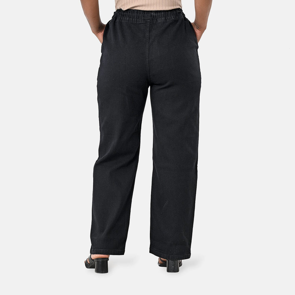 Styledby 100% Cotton Wide-Leg Denim Pants With Drawstring Waist (Size - M) - Black