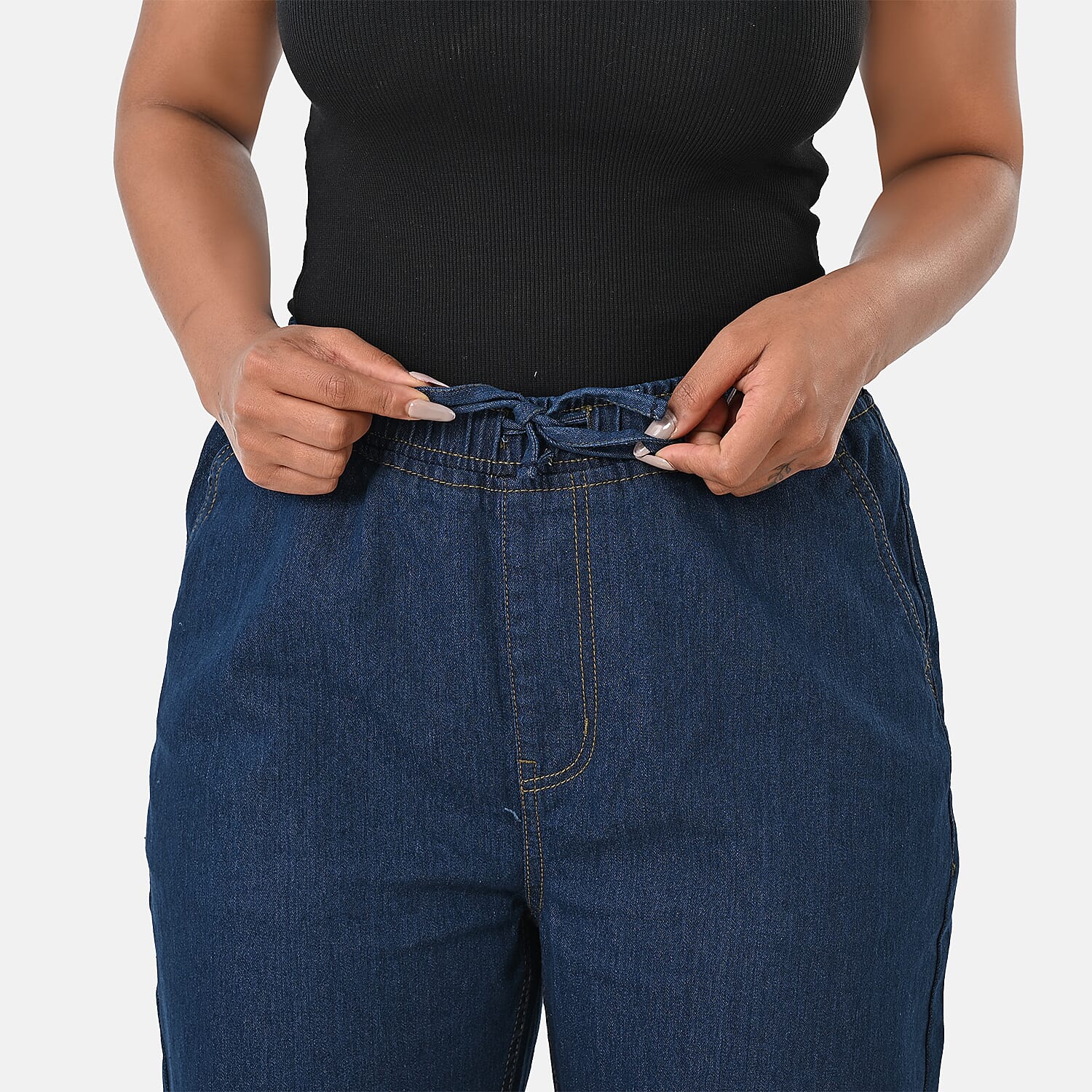 Styledby 100% Cotton Wide-Leg Denim Pants With Drawstring Waist  (Size - M) - Dark Blue