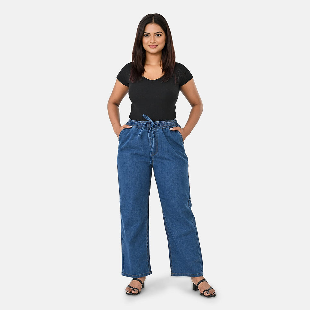 Styledby 100% Cotton Wide-Leg Denim Pants With Drawstring Waist  (Size M) - Denim Blue