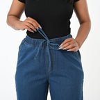 Styledby 100% Cotton Wide-Leg Denim Pants With Drawstring Waist  (Size M) - Denim Blue