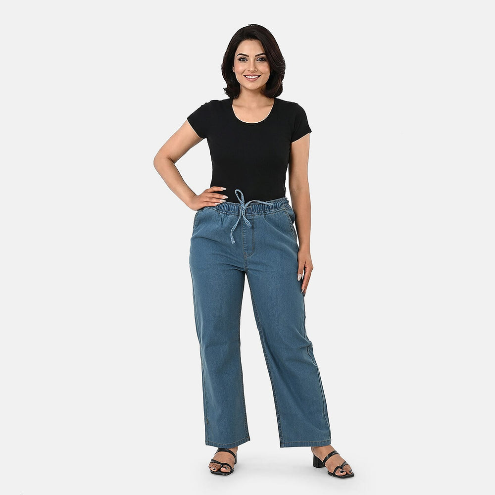 Styledby 100% Cotton Wide-Leg Denim Pants With Drawstring Waist  (Size M) - Teal Grey