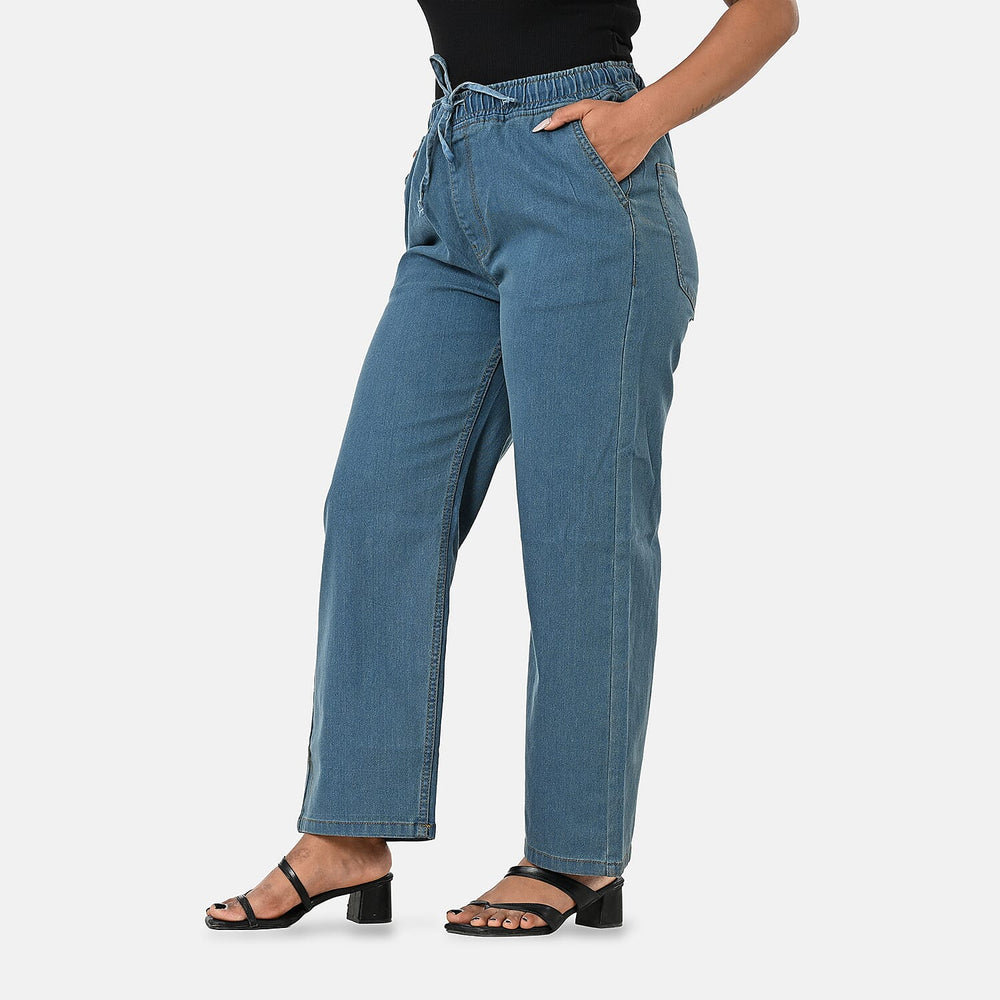Styledby 100% Cotton Wide-Leg Denim Pants With Drawstring Waist  (Size M) - Teal Grey