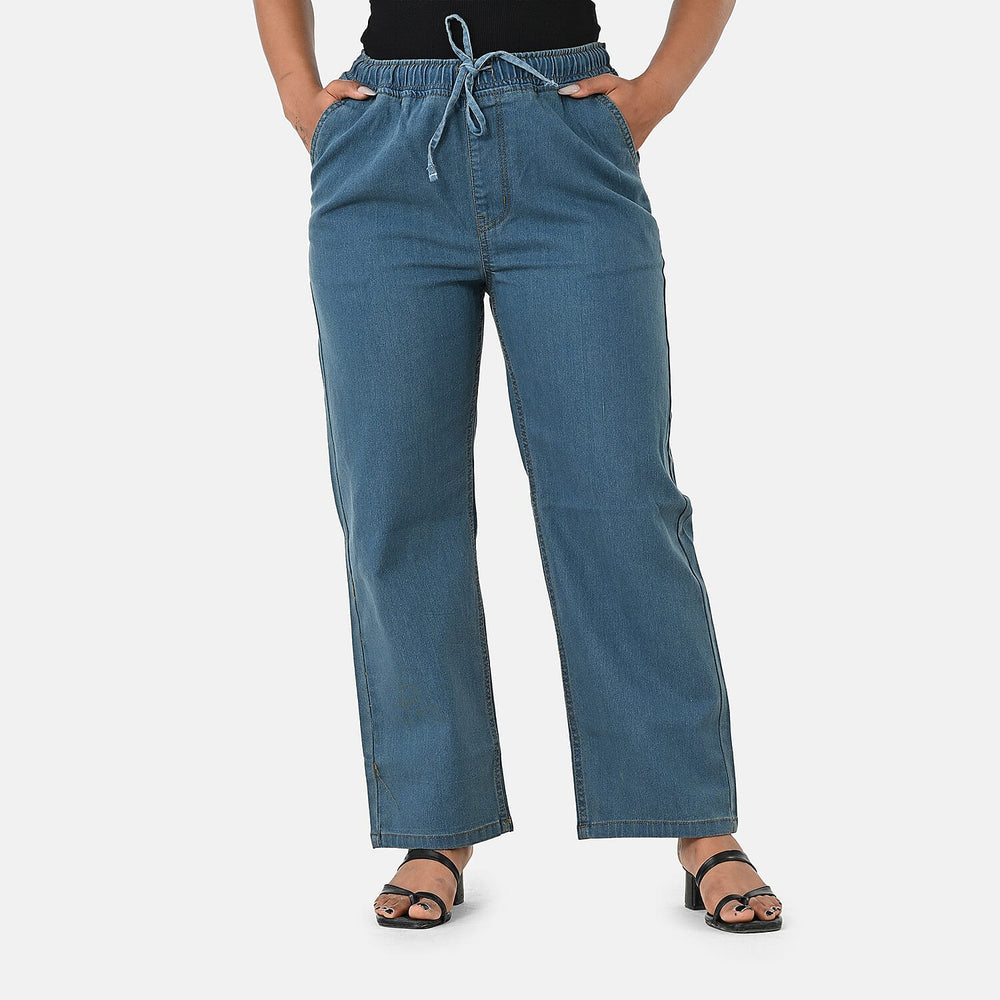 Styledby 100% Cotton Wide-Leg Denim Pants With Drawstring Waist  (Size M) - Teal Grey
