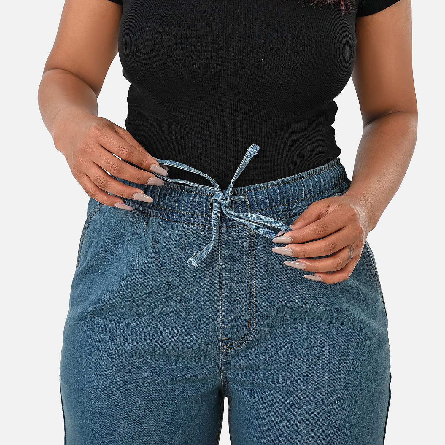 Styledby 100% Cotton Wide-Leg Denim Pants With Drawstring Waist  (Size M) - Teal Grey