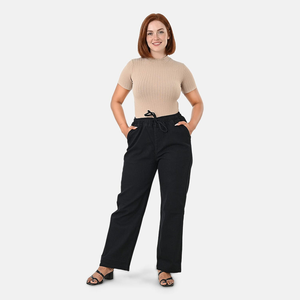 Styledby 100% Cotton Wide-Leg Denim Pants With Drawstring Waist (Size - S) - Black