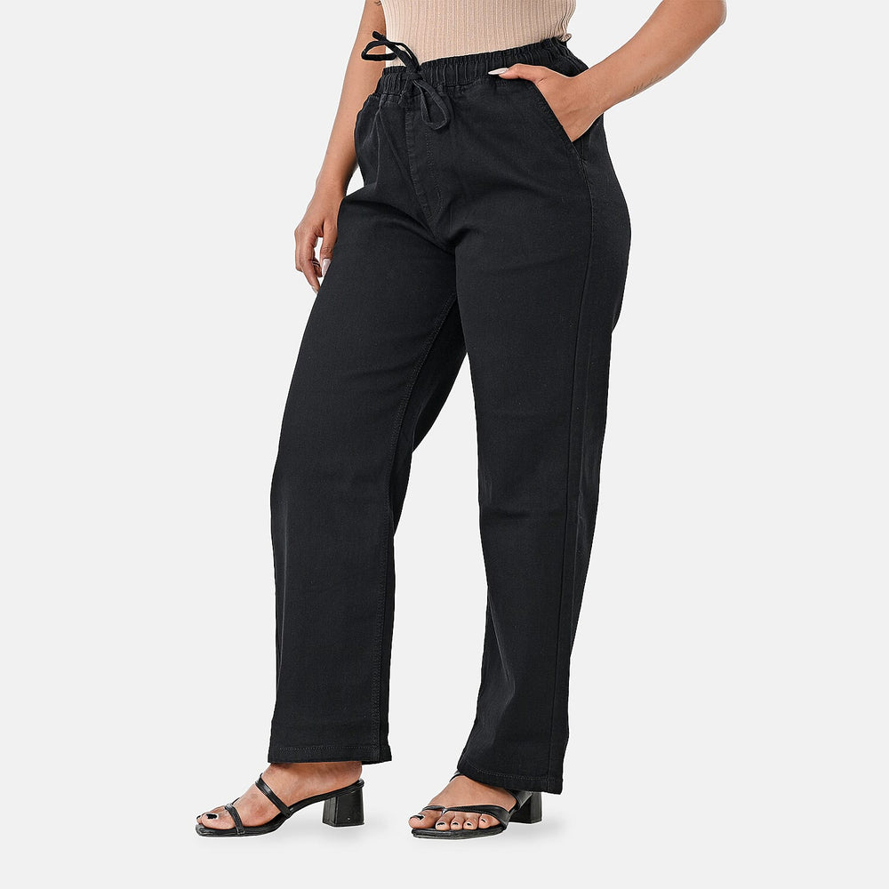 Styledby 100% Cotton Wide-Leg Denim Pants With Drawstring Waist (Size - S) - Black