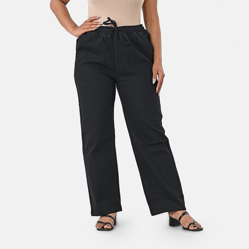 Styledby 100% Cotton Wide-Leg Denim Pants With Drawstring Waist (Size - S) - Black